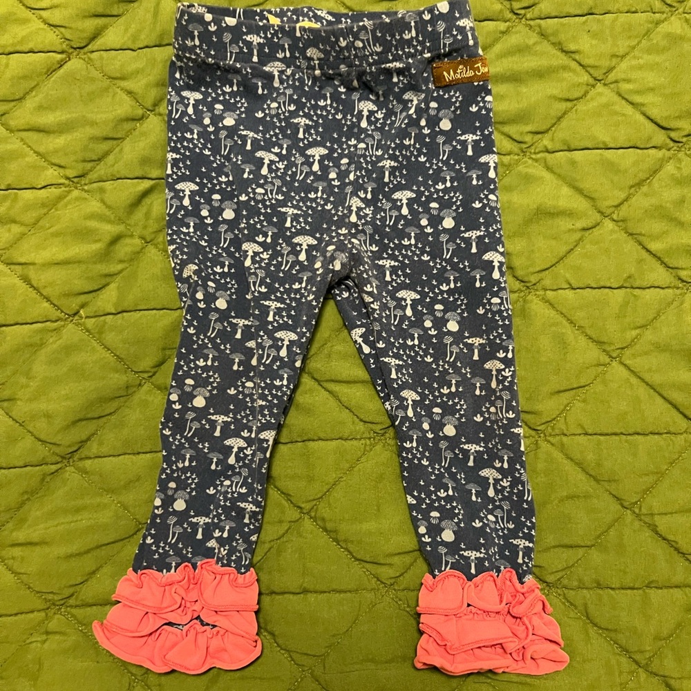 Ruffle bottom Matilda Jane pants navy and pink with mushroom pattern